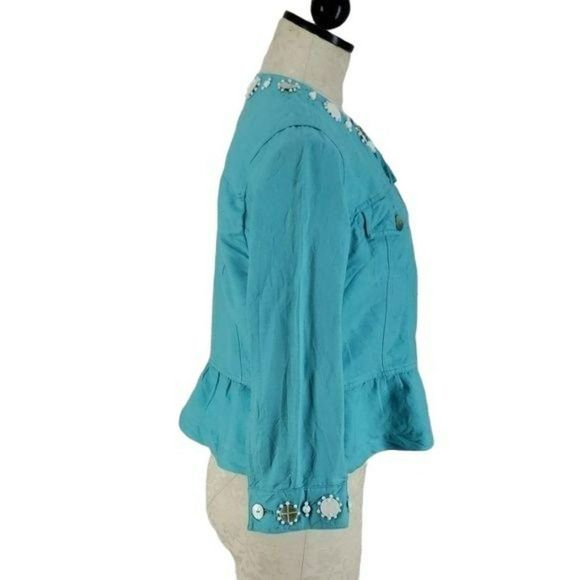 Ruby Rd Women's Blue Beaded Half Peplum Zip Up‎ Rayon Linen Jacket Size 8 - Picture 3 of 7